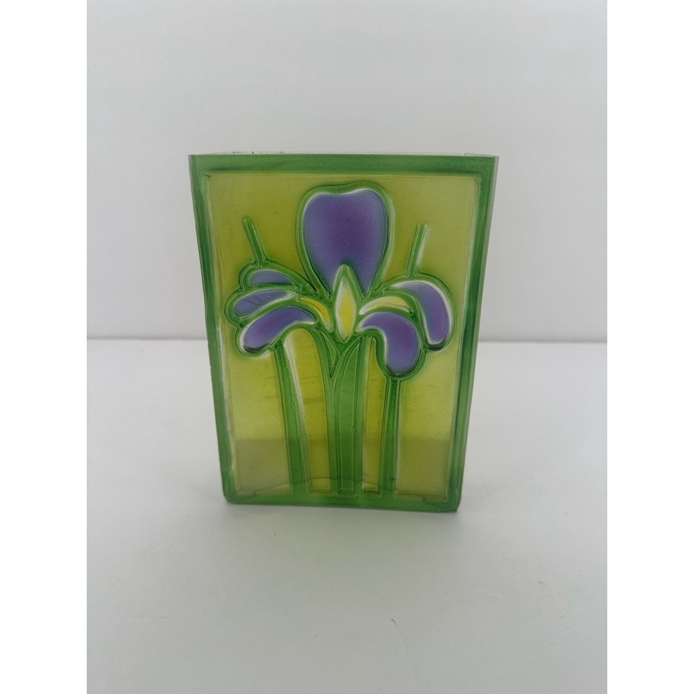 Art Nouveau Glass Block Stain Glass Bud Vase Vessel Purple Iris Romania 1985 7"